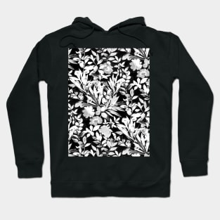 Textured Silver Grey and White Leaves on Black Hoodie